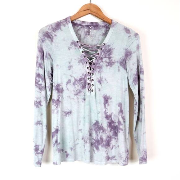 American Eagle Outfitters Tops - AEO Size XS Soft & Sexy Ladder Front Tee Shirt Tie Dye Purple Blue